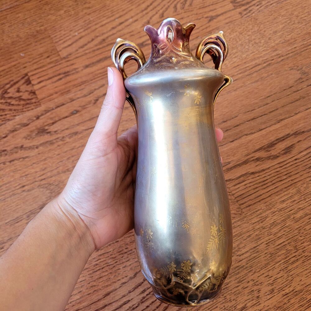 Antique Royal Vienna Glass Vase Golden Burgundy Red with Floral Details